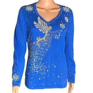 Berek blue long sleeve holiday sweater with beaded and sequined angel size med